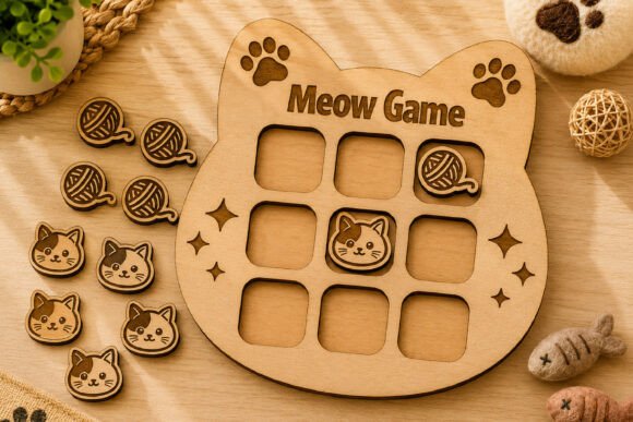 Cute Cat-Themed Tic Tac Toe SVG for Laser Cutting & Toy Design